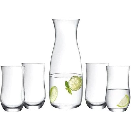 Waterkaraf set 5 stuks 4 glazen en 1 karaf 1200ml stijlvol design, transparant, zeer resistent glas, drankenservice water drank presentatieset eetkamer, party catering set