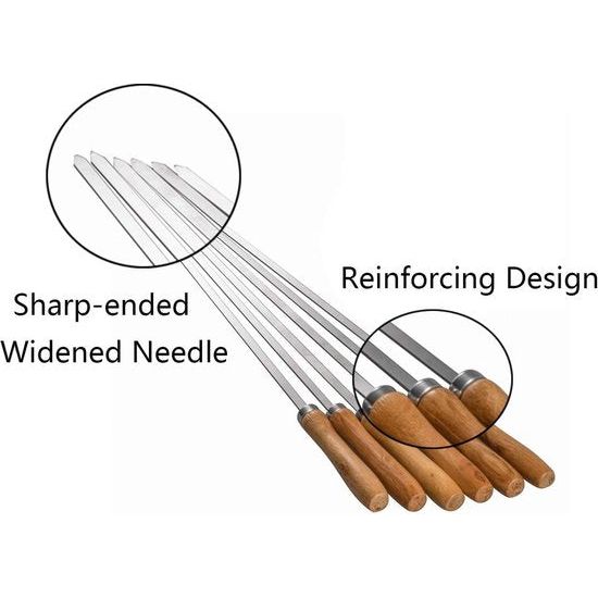 Barbecuespies, herbruikbare roestvrijstalen barbecuespiesjes met houten handvat, 6 stuks