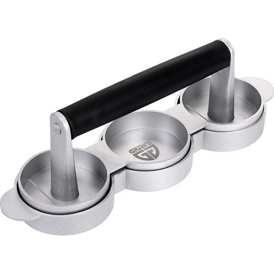 GRÄWE Hamburgerpers voor 3 mini-burgerpers, 3 mini-hamburgerpers van gegoten aluminium met antiaanbaklaag en 60 vellen bakpapier