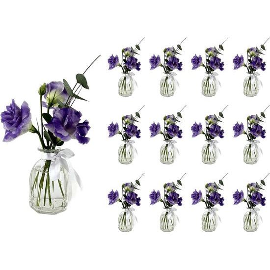 12 x 150 ml kleine vazen glazen flessen geometrische glazen flesjes landhuis vintage vaas fles glas helder mini decoratieve flessen inclusief witte strik (12 stuks)