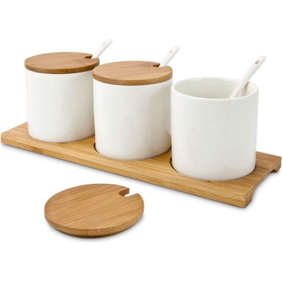 Geschenkartikel dip set // TRE Malva - 10-delige set, 3 schalen, 3 lepels en 3 deksels, op serveerplank, voor dips, sauzen of jam; afmetingen: ca. 28,5 x 9,5 x 9,2 cm