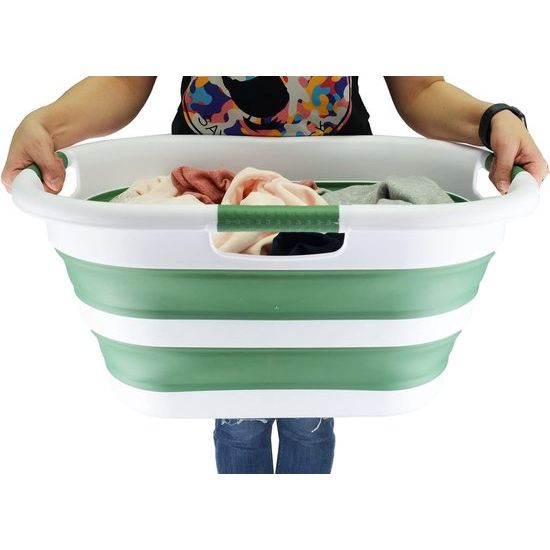 Opvouwbare wasmand van kunststof, 40 l, foldable pop-up-bewaardoos/organizer, draagbare wasbak, ruimtebespare wasmand (1, wit/donkerzeegroen)