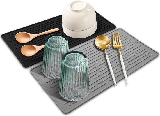 2 stuks siliconen afdruipmat, spoelbakmat, afdruipmat, servies, zwart, hittebestendige siliconenmat, antislip siliconenmat