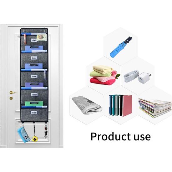 Organizer met 6 vakken om op te hangen; voor deur of wand; geschikt voor o.a. tijdschriften en kranten; gemaakt van textiel