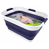 30 l opvouwbare wasmand van kunststof, opvouwbare pop-up opbergbak/organizer, draagbare wasbak, ruimtebesparende wasmand (1, wit/marineblauw)
