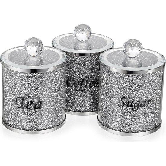 Set van 3 verpletterde diamanten potten met deksels voor suiker koffie thee - glazen containers voor keuken glas modern decor toonbankdecoratie