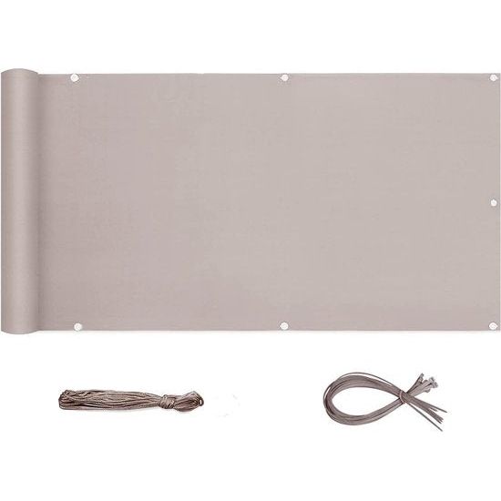 Balkonscherm, ondoorzichtig, wind- en uv-bescherming, weerbestendig, 75/90/120 cm x 600/500/300 cm, met oogjes, nylon kabelbinder en koord, Taupe (PES)