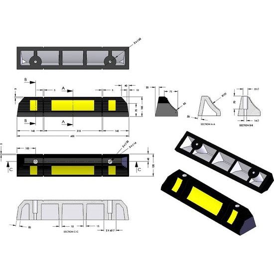 Rubberen wielstop-parkeerbegrenzing voor commerciële en particuliere parkeerplaatsen, parkeerplaatsen en privégarages, kleur zwart-geel, afmetingen 60x12x10 cm (2-pack)