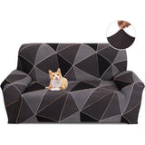 Bankhoes voor 3-zits, elastische stretch spandex, antislip, wasbaar, met armleuning, bruine geometrie