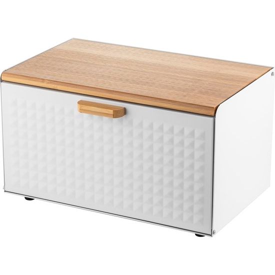 Bread Bin Including Set of 3 Storage Containers Cube I Bread Box Made of Steel and Bamboo Lid I Spacious and Modern Bread Container I 3 Storage Jars for Coffee Tea Sugar I Colour: White