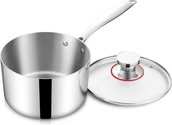 16 cm steelpan, 3-laags Edeastahl braadpan, glazen deksel, melkkan, inductie, 1,9 l, zonder coating, kookpan voor alle warmtebronnen, om te koken