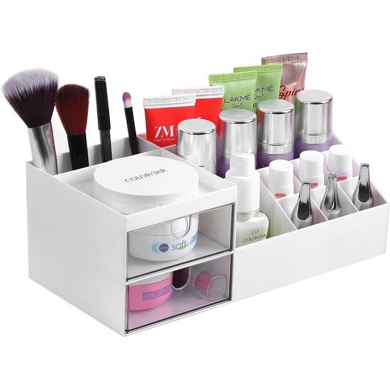 Witte cosmetica-organizer, multifunctionele organizer badkamer voor make-uptafel, commode, wastafel, organizer, make-up & bureauaccessoires met scheidingswanden en 2 laden