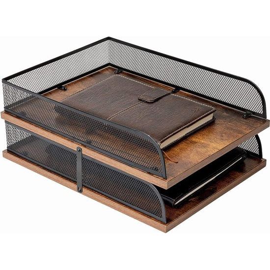 Brievenbak van hout en metaal, vintage design, bureau-organizer, papierhouder, kantoordocumentenorganizer (zwart)