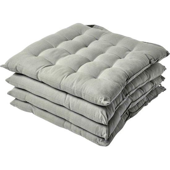 Set van 4 stoelkussens 40 x 40 cm, grijs, zitkussen met bandjes en knoopsluiting, effen kussens voor stoelen met overtrek van 100% katoen en zachte polyester vulling, lichtgrijs