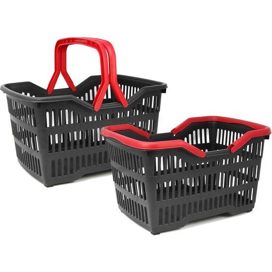2 x kunststof boodschappenmand met handvat - draagmand voor transport - stevige kunststof mand in zwart/rood - 39,5 x 29 x 22,5 cm (002 stuks - zwart/rood)