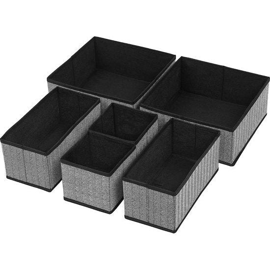 Opbergdozen voor ondergoed, set van 6, lade-organizer, stoffen dozen, opbergmanden, vliesstof in linnenlook, sokken, stropdassen, sjaals, zwart