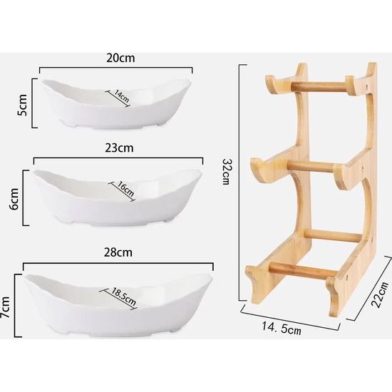 Fruittaartstandaard keramiek 3-laags porseleinen fruitschaal 3-laags met natuurlijke bamboe standaard serveerschaal voor fruit, gebak, snoep