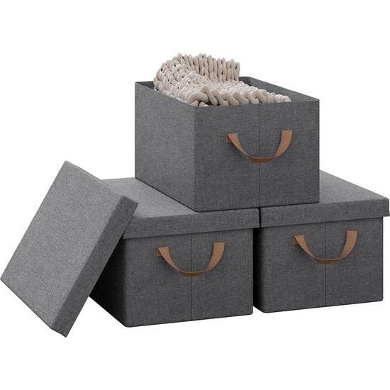 3 Opbergdoos met deksel, set van 3 stoffen dozen, opbergmanden met handgrepen, opbergkubus, opvouwbare doos voor kleding, speelgoed, vouwdoos, grijs, 38 x 20 x 27 cm