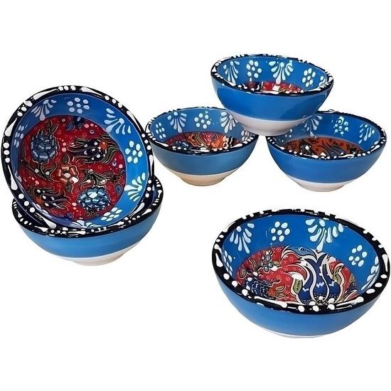 Kleine keramische schalen set van 6 - serveerschalen set voor tapas, dip, dessert, snackschaal - kleurrijke en individueel gedessineerde handgemaakte schalen - 8x4 cm (Iznik Set Blauw)