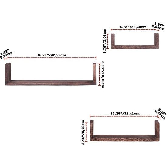 Rustiek zwevend rek in U-vorm in vintage design - set van 3 - inclusief schroeven en pluggen - landhuis houten planken voor slaapkamer, woonkamer en meer - rustiek design - bruin