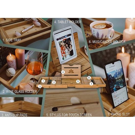 Uitschuifbare houten badplank 70-105 x 23 x 4 cm - bamboe badkuip met standaard en pen voor tablets en telefoons - wijnhouder badkuip - badtafel - tablethouder badkuip