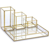 Sieradendoos, 4 stuks, van metaal, glas, scuktborden met 3 sieradenhouders, sieradenhouder, bureau-organizer, make-upkwastenhouder voor sieraden van dames, ring, sieraden bewaren (rechthoekig)