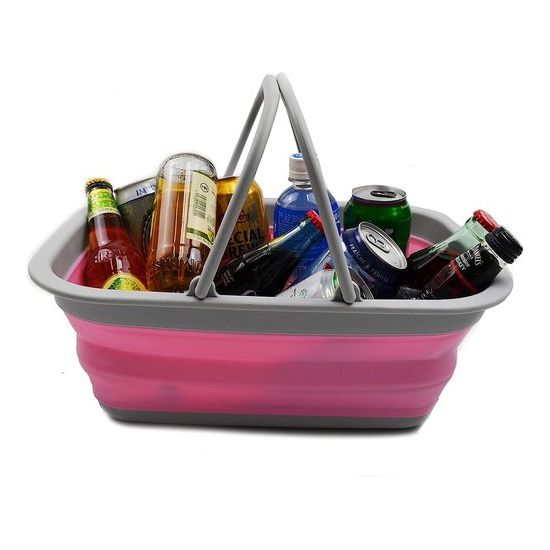 Beschikbare kuip met handgreep, draagbare picknickmand voor gebouwen, beschikbare boodschappentas, ruimtebespare opbergcontainer (grijs/roze)