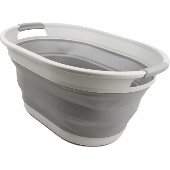 Ovale opvouwbare wasmand van kunststof, opvouwbare pop-up opbergbak/organizer, draagbare wasmand, ruimtebespare wasmand (1, wit/grijs)