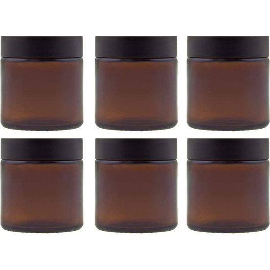 Set glazen potjes met schroefdop, 4 stuks, inhoud 60 ml, kleur: bruin, zalfpotje van bruin glas.