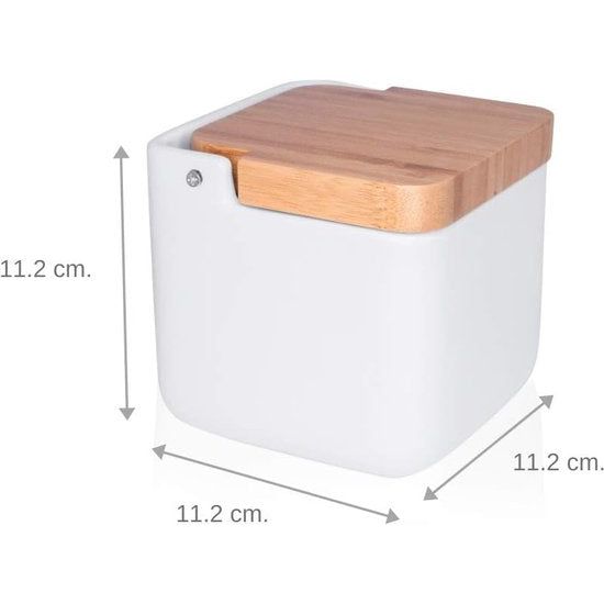 Zoutpot keramiek met klapdeksel van milieuvriendelijk bamboe - praktische zoutpot en zoutcontainer voor de keuken, zoutvat keramiek met deksel, ideaal als zoutpot - wit