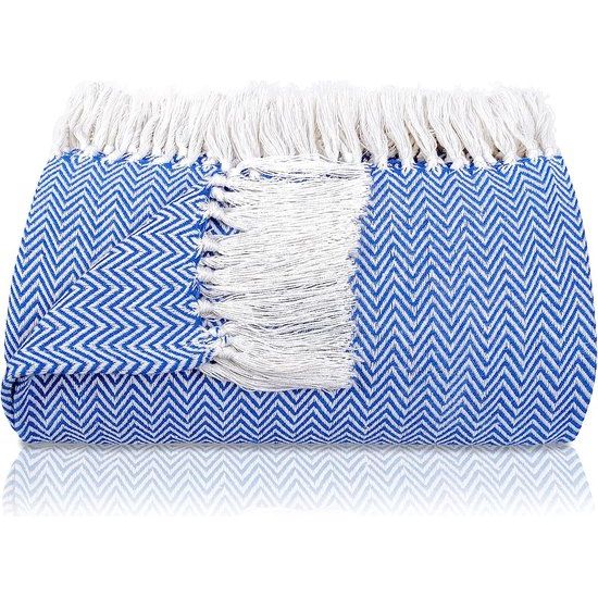 Premium sprei met franjes, 100% katoen, 150 x 200 cm, visgraatpatroon, zomerdeken, katoenen deken als bedsprei, bankdeken, blauw