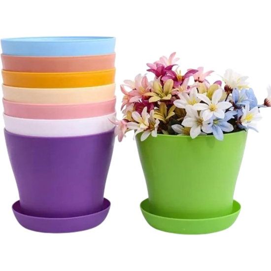 10 stuks kleine bloempotten, 10 cm plantenpotten, plastic kleurrijke kleine plantenpotten met schotel, ronde kweekpotten voor kantoor, balkon, reling (8 kleuren)