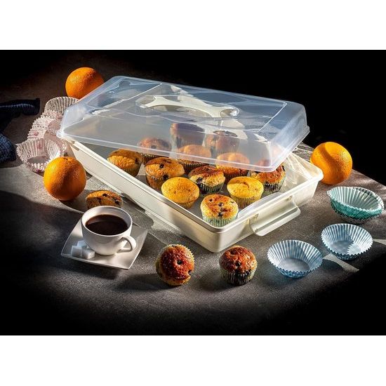 KADAX - Taarten- en gebakdoos met deksel, 44 x 30 x 12,5 cm - taarthouder van kunststof, transportbox met handvat, bakvorm, voor blikken cake, muffins, rechthoekig, voedselbox - Crème