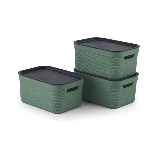 Set van 3 opbergdozen 5 l met deksel, kunststof (PP gerecycled), groen/antraciet, 3 x 5 l (26,5 x 18,5 x 13,2 cm)