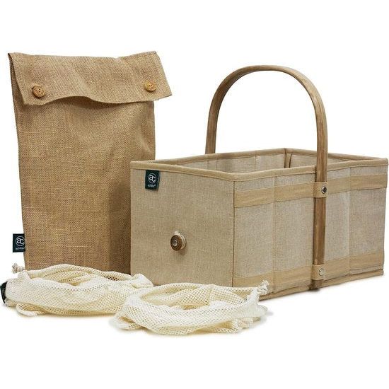 Opvouwbare boodschappenmand, draagmand met aluminium handgreep, opvouwbare mand, picknickmand, boodschappentas, klapbox, mandbox, 40 x 24 x 20 cm, natuur, beige