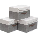 3 stuks opbergdozen met deksel, 38 x 25 x 25 cm, opvouwbare stoffen dozen, opbergmanden, organizer voor speelgoed, kleding, boeken, grijs/wit