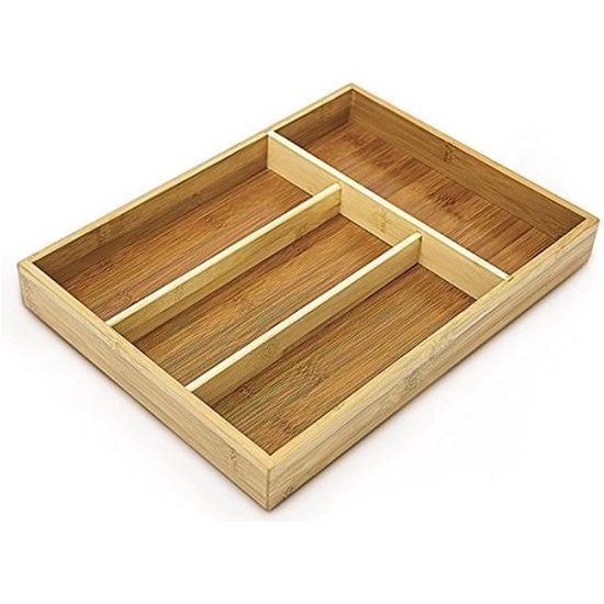 Bestekbak van bamboe, h x b x d: ca. 4 x 25 x 34 cm, bestekbak met 4 vakken als keukenorganizer en lade-inzetstuk, onderhoudsvriendelijke ladekast voor bestek, organizer van hout, naturel