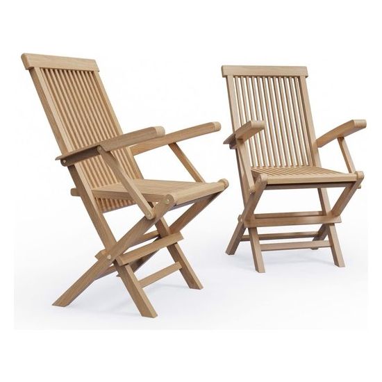 Set van 2 inklapbare teakklapstoelen met armleuningen, gemaakt van teakhout, geschikt voor balkon, tuin, terras en tuinmeubelen.