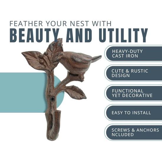 Bird on Branch Wall Hook - Metaal, Heavy Duty, Rustiek, Vintage, Gerecycled Metaal, Decoratief Cadeau Idee - 4.75x1.8x6 - Met Schroeven en Pluggen - Bruin