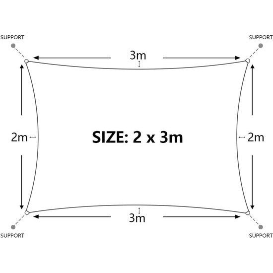 Zonnescherm, bescherming tegen de zon, set inclusief bevestigingskoorden, rechthoekig, waterafstotend, polyester, geïmpregneerd, 95% UV-bescherming, Voorruit, weerbestendig, 2 x 3 m, voor balkon, tuin, Terras, zand
