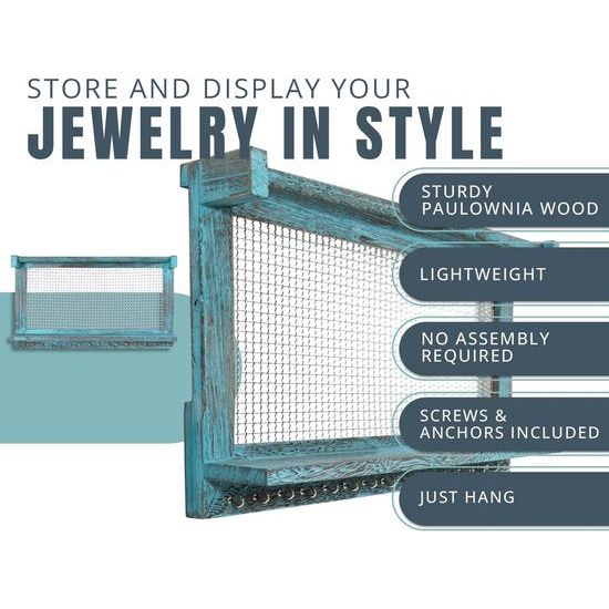 Boho-Chic Organizer voor sieraden, wandrek met afneembare armbandstang, met 16 haken, perfecte opslag voor oorringen, halskettingen en armbanden, sieradendisplay