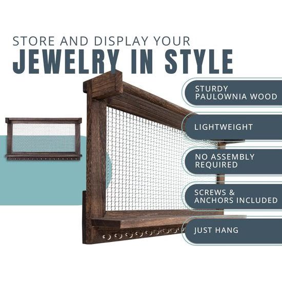 Boho Chic Jewellery Organiser Wall Mount with Detachable Bracelet Bar, 1 Shelf and 16 Hooks - Perfect Storage for Earrings, Necklaces and Bracelets - Jewellery Display