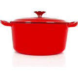 Stoofpan van gietijzer met emaille coating, gietijzeren pan, braadpan met deksel, broodbakpan, rond, geschikt voor oven, barbecue, barbecue en inductie, rood, 3,5 l