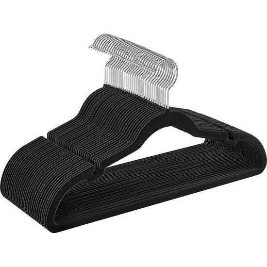 Kleerhangers fluweel, set van 30, antislip, met inkepingen op de schouders, brug voor broeken, 360° draaibare haak, ruimtebesparend, 0,6 cm dik, 43 cm breed, zwart