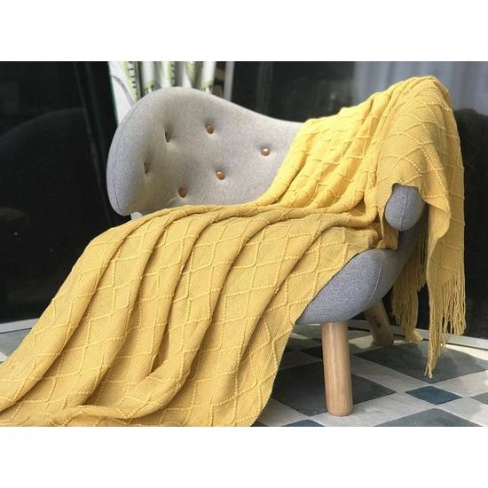 Woondeken, zacht gebreide wollen deken, kwastjes, knuffeldeken, sofadeken, slaapdeken, deken, deken, geel, 125 x 210 cm