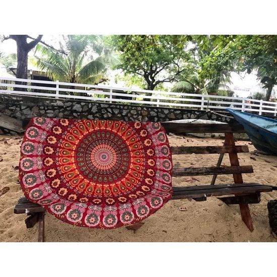 strandlaken met een mandala hippiepatroon/groot Indiaas rond katoenen doek/boho ronde yoga mat doek voor meditatie/tafelkleed rond deken voor picknick/handgemaakt tapijt van 70 inch (rode mandala)