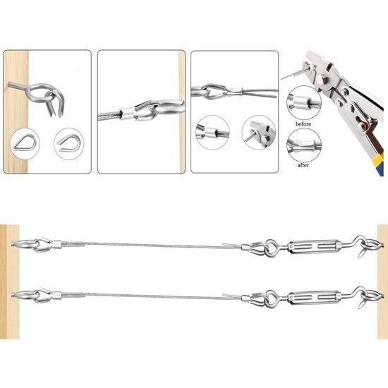 Staalkabel 2 mm kabelspannerset, 304 roestvrijstalen hekspanner draadspanner, 10 stuks spanschroef M5, 20 stuks oogschroeven, 40 stuks krimplus, vingerhoeden, voor 2 mm staaldraad, waslijn