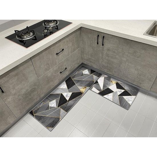 Keukentapijten, antislip keukenmatten, 2 stuks, wasbaar keukentapijt met schuifsticker, Comfort Runner-tapijtset voor keuken, stofdichte deurmat, zwarte geometrie