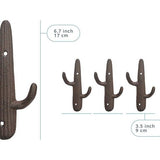 Set van 3 - Gietijzeren Cactus Dubbele Muurhaken/beugels - Decoratieve muurhaken voor jassen, tassen, handdoeken en meer - met schroeven en ankers - Kleur Rustiek Bruin