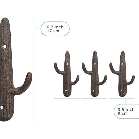 Set van 3 - Gietijzeren Cactus Dubbele Muurhaken/beugels - Decoratieve muurhaken voor jassen, tassen, handdoeken en meer - met schroeven en ankers - Kleur Rustiek Bruin